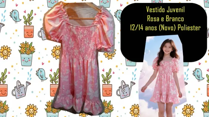 Vestido Juvenil Rosa e Branco 12/14 anos (Novo)