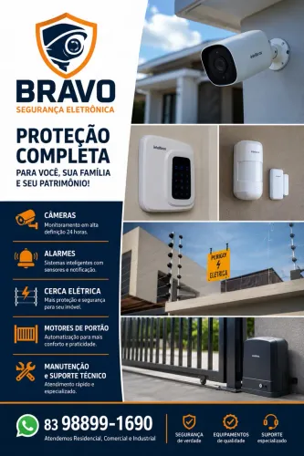 Câmeras, cerca elétrica, motor para portão e alarmes 