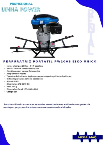 *Oportunidade * - Perfuratriz Portátil PW 200S 4T 7HP NCM * + Brocas 180MM E 300MM