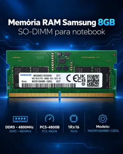 Memória RAM Samsung 8GB DDR5 4800MHz SO-DIMM para Notebook