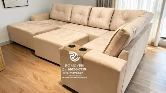 Sofá de Canto 3,10m Chaise e Puff Veludo Mostarda D33 Luxo