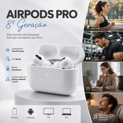 Fone de Ouvido Airpods Pro 8º Geração - Lançamento 2026 Anti Ruidos Iphone Android