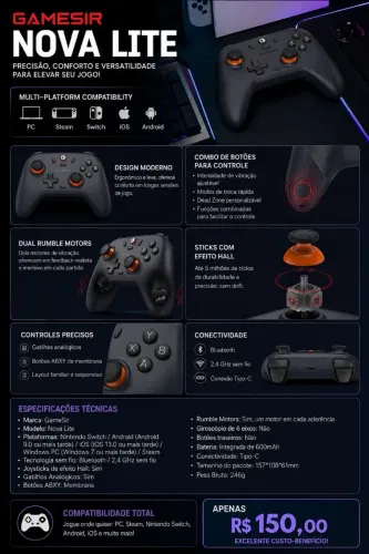 CONTROLE SEM FIO GAMESIR NOVA LITE LACRADO! 