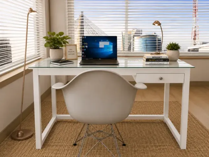 Mesa de Escritório Delluxe. Em Madeira Maciça e Vidro 8mm. L105 x P50cm x A74cm.