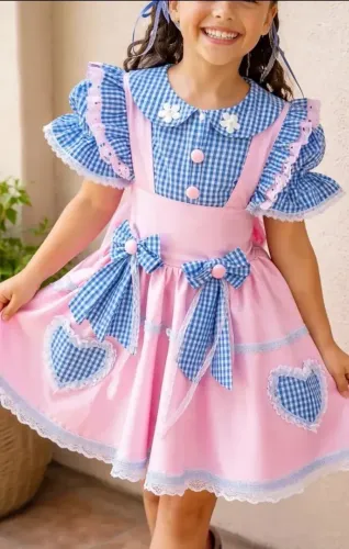 Vestido Infantil Festa Junina Rosa Luxo - Roupa de Quadrilha  Tam 4 a 5 anos