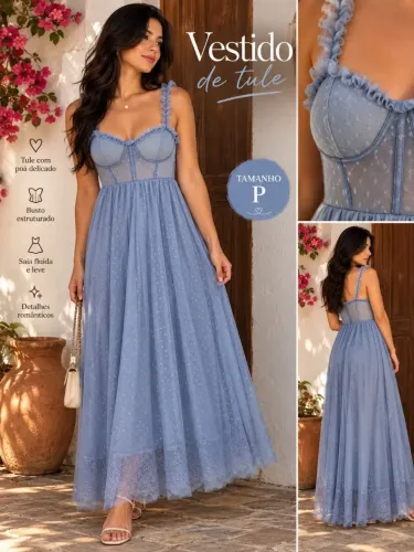 VESTIDO DE FESTA EM TULE (AZUL/ACIZENTADO)