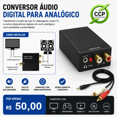 Conversor Áudio Digital Óptico Toslink e Coaxial p/ Analógico Rca e P2 