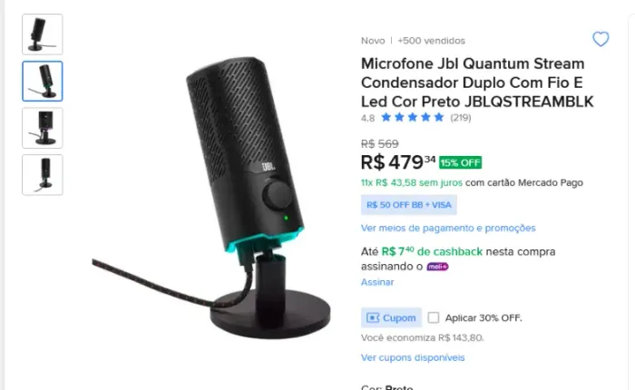 Microfone JBL Quantum Stream, RGB, Otimizado pra PC/MAC/PS5/PS4/Nintendo Switch