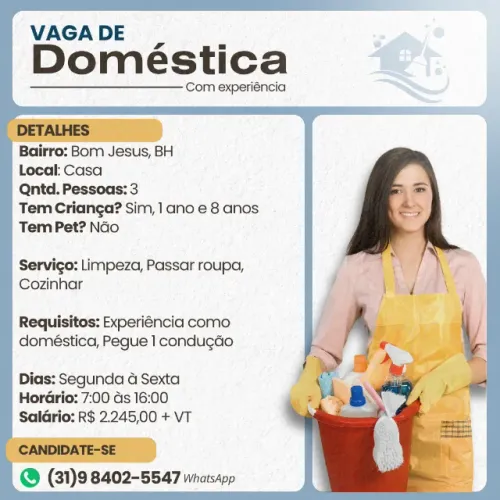 Vaga de DOMESTICA para o bairro BOM JESUS em BELO HORIZONTE