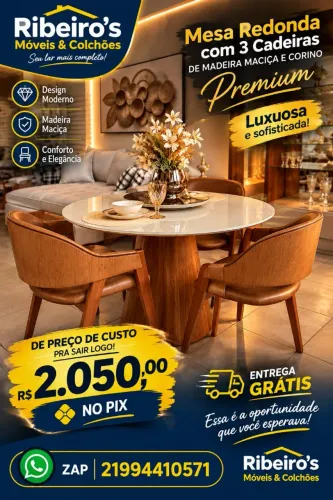 Mesa redonda com tampo de vidro e 3 cadeiras 