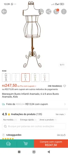 MANEQUIM INFANTIL ARAMADO ROSÊ GOLD 6 a 8 ANOS