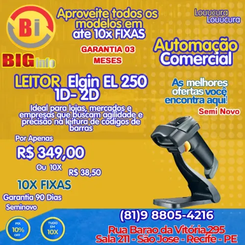 Leitor de Código de Barras Elgin EL250, 1D/2D, USB, Tecnologia Area Imager - Em ate 10x
