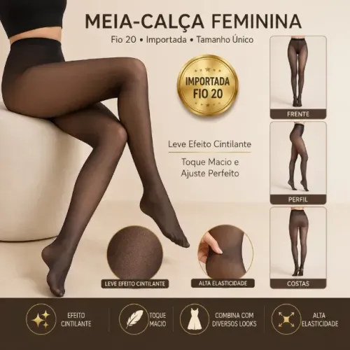 Meia Calça Feminina Fio 20 Importada Preta Transparente | Confortável, Alta Elasticidade