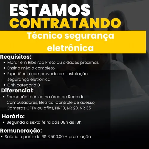 Vaga emprego técnico CFTV, alarme, controle de acesso facial, interfonia, motor de portão.