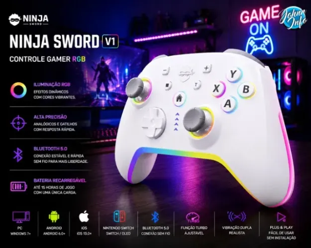 Controle Gamer Ninja Sword, Rgb, Bluetooth, Branco
