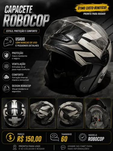 Capacete Robocop Preto e Branco Tam 60 | Usado | R$150
