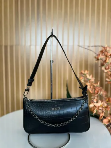 Bolsa Feminina Preta Croco Pequena Alça De Mão Corrente 16x25