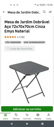 Mesa de Jardim Dobrável Aço 72x70x70cm Cinza Emys Naterial
