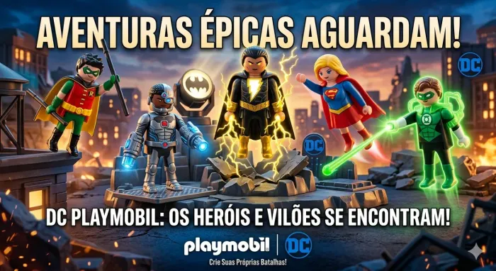 Lote 5 Playmobil - ciborgue, supergirl, robin, lanterna verde e adão negro 