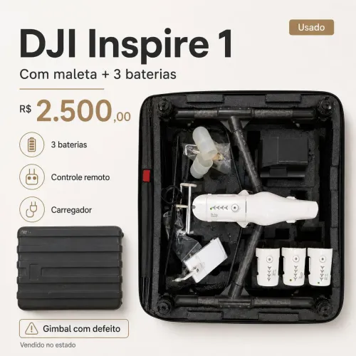 Drone DJI Inspire 1 com Maleta, 3 Baterias e Controle ? Gimbal com Defeito