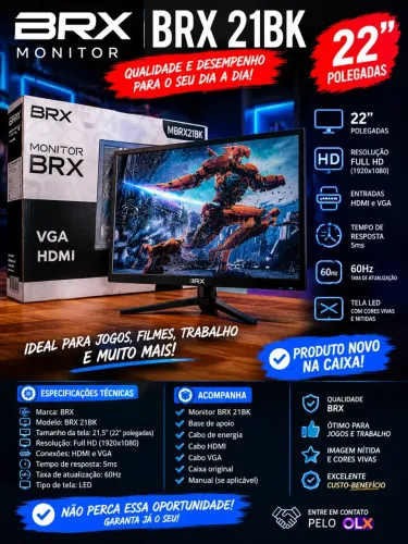 Monitor BRX 21BK 22? Full HD LED HDMI/VGA 60Hz - Novo na Caixa