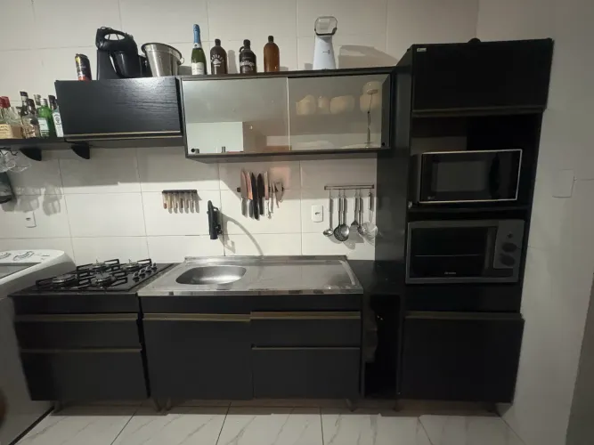 Cozinha Completa MDF Preto + Pia Inox + Cooktop | Gavetas Telescópicas