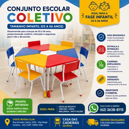 Conjunto Hexagonal Sextavado Escolar INFANTIL 03 a 06 anos - Casa das Cadeiras Goiânia