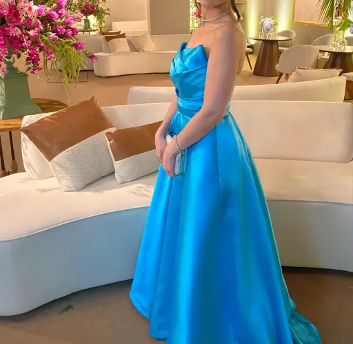 vestido de festa longo azul turquesa p