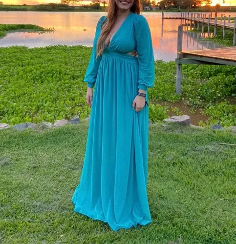 vestido longo festa azul petroleo com manga em tule
