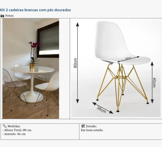 KIT 2 Cadeiras Eames Eiffel Base de Ferro Dourado Assento Polipropileno na cor Branca