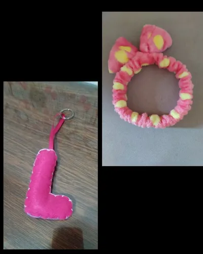Chaveiro letra L + faixa de cabelo rosa