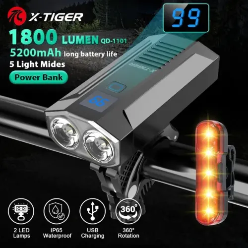 X-Tiger-farol de bicicleta LED recarregável com Power Bank, lâmpada, lanterna, acessórios