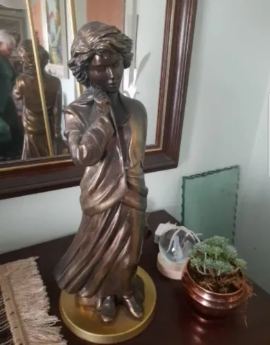 Luminária antiga em cerâmica artística com banho de bronze 74cm altura