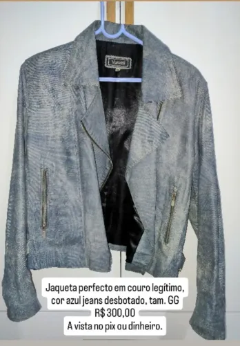 Jaqueta de Couro Legítimo Azul Jeans Desbotado GG