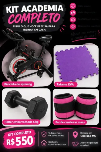 KIT ACADEMIA COMPLETO<br>? Bicicleta Spinning<br>? Tatame EVA<br>? Halter 5 kg<br>? Caneleiras