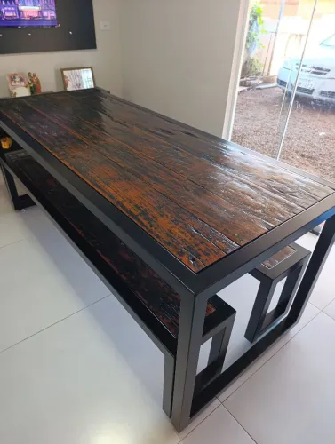 Mesa de ferro com madeira antiga 2,08x0,84m 