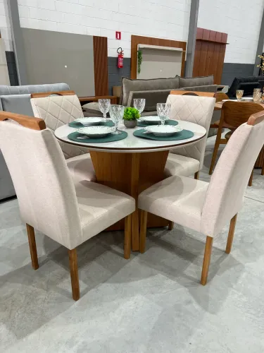 Mesa de Jantar Redonda com 4 Cadeiras em Linho Prime
