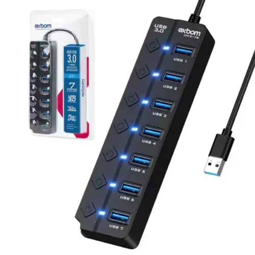 Hub USB 3.0 7 Portas Exbom UH-317S Botão ON/OFF - WZetta