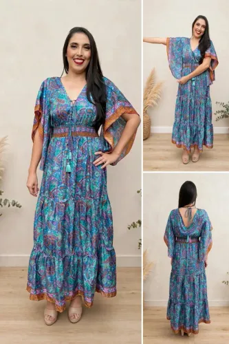Vestido Longo Boho Azul Estampa Paisley Colorida