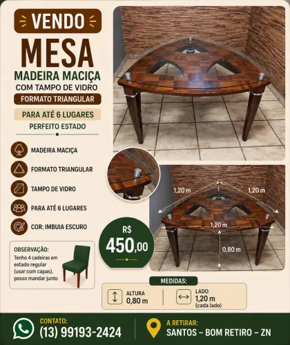 MESA TRIANGULAR MADEIRA MACIÇA E TAMPO VIDRO