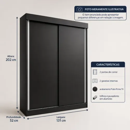 Roupeiro preto com portas de correr, gavetas e ótimo espaço interno