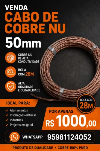 Cabo de cobre nu 50mm com 28metros
