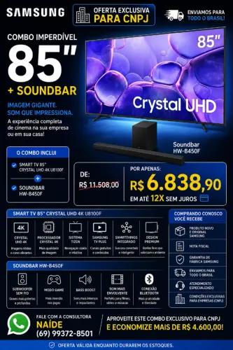 Smart TV Samsung 85" Crystal UHD 4K U8100F + Soundbar HW-B450F | Combo | 12x Sem Juros