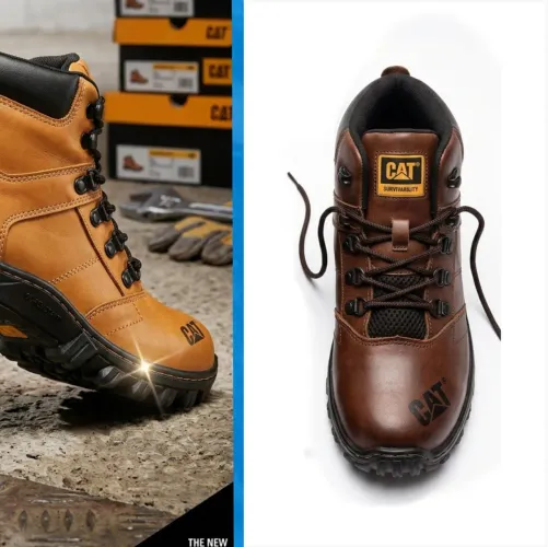 Bota Amarok CAT Adventure Cano Curto Reforçada Casual Couro Látego Café e Amarelo - Oferta