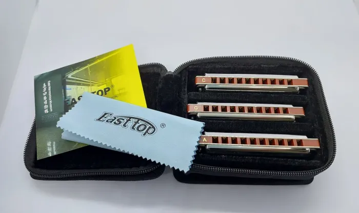 Kit novo de 3 gaitas diatônicas: C, G e A easttop t008k cromadas com case