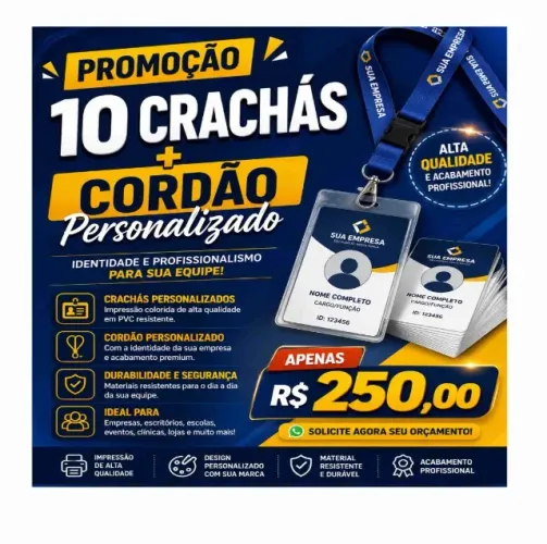Promoção: 10 crachás + cordão personalizado
