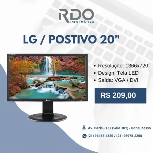 Monitor LG Flatron 20" LED HD 1366x720 VGA/DVI - Alta resolução