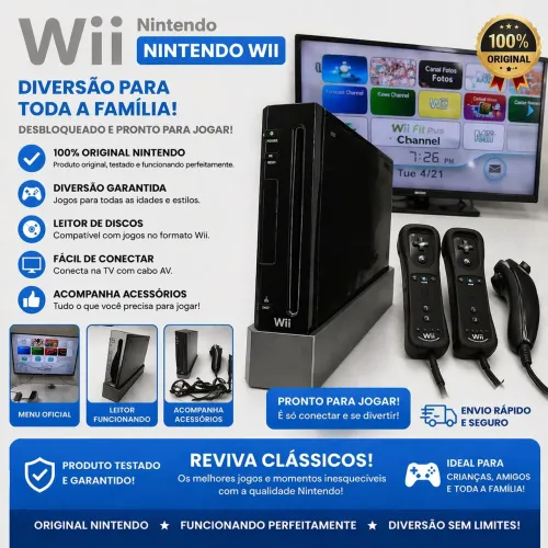 Nintendo Wii Preto Original + Controles - Console Testado e Pronto para Jogar