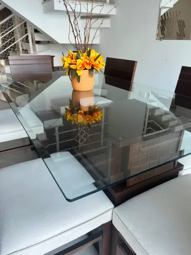 Mesa de jantar madeira maciça / de vidro com 6 cadeiras