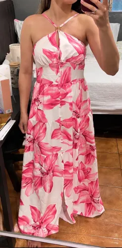 Vestido Longo Floral Rosa e Branco - Amarração no Pescoço